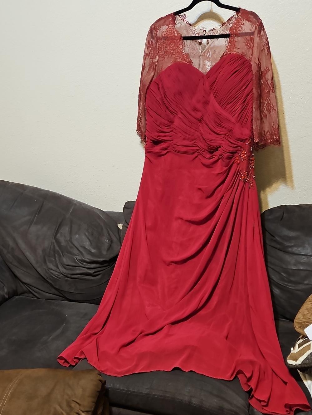 Elegant Red Lace-Overlay Maxi Dress with Draped Bodice